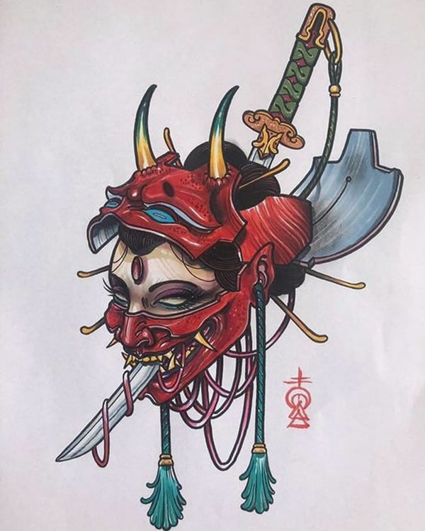 Ý nghĩa hình xăm mặt quỷ Nhật Bản Oni Hanya nghệ thuật